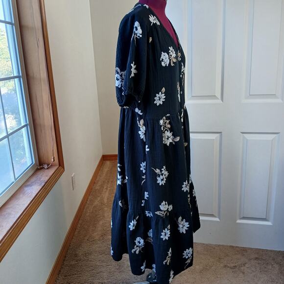 Sonoma Button Thru Femme Midi Dress 1X repaired black tan floral cotton - Picture 4 of 15